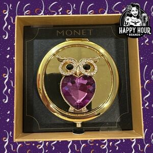 Monet Gold Tone Owl Make-up Compact Mirror NIB